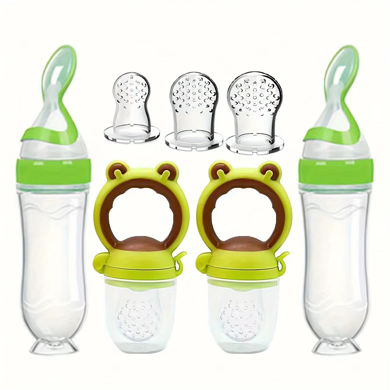 7Pcs Baby Feeding Set: 2Pcs Soft Silicone Feeding Bottle with Spoon,2Pcs Fruit Feeder Pacifier with 3-Size Nipples