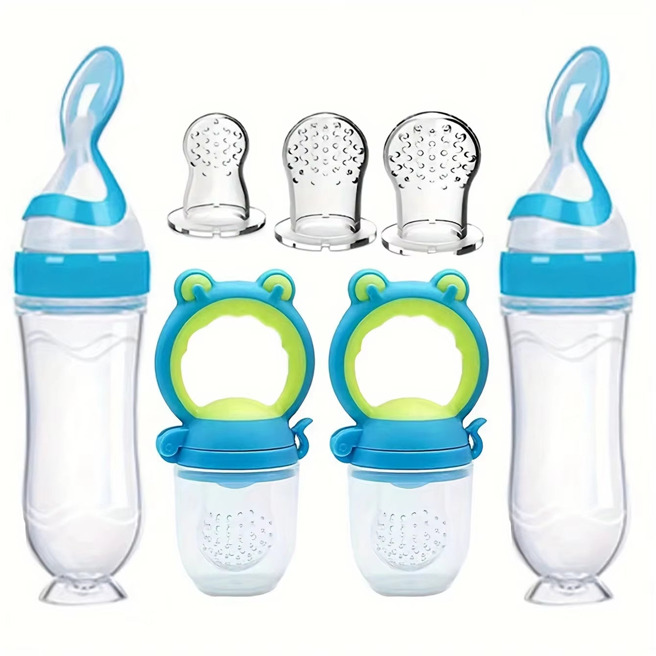 7Pcs Baby Feeding Set: 2Pcs Soft Silicone Feeding Bottle with Spoon,2Pcs Fruit Feeder Pacifier with 3-Size Nipples